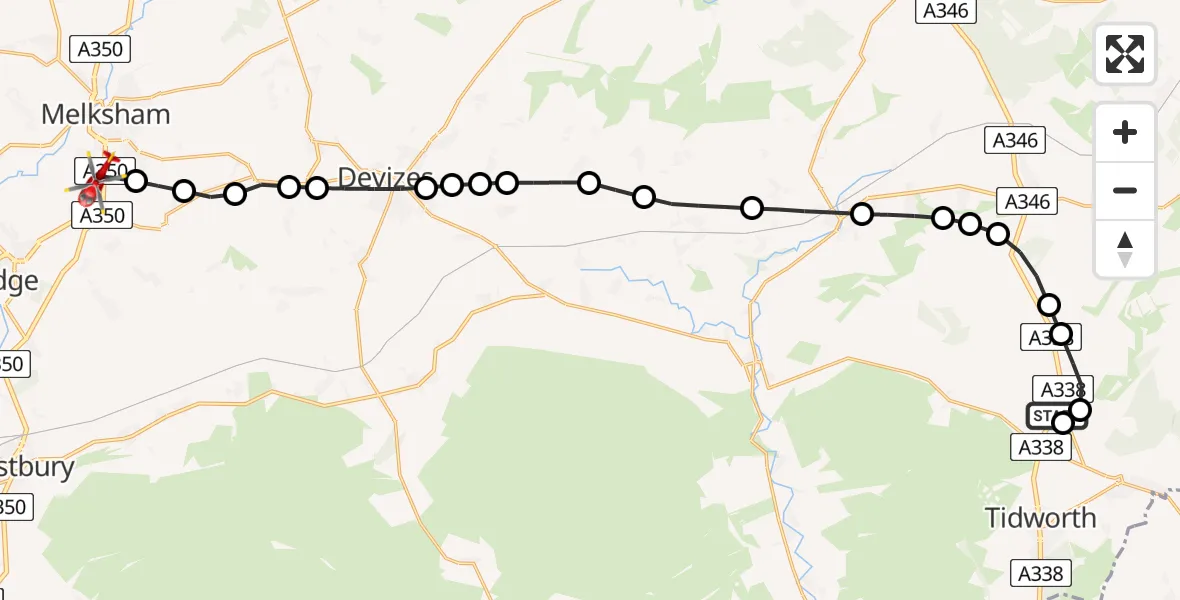 Flight path map showing Air Ambulance Helicopter route from Collingbourne Ducis to Melksham