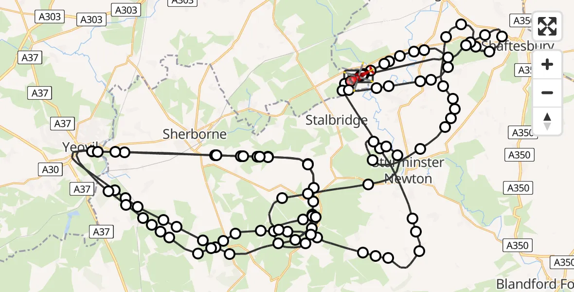 Flight path map showing Air Ambulance Helicopter route from Henstridge Airfield to Henstridge Airfield