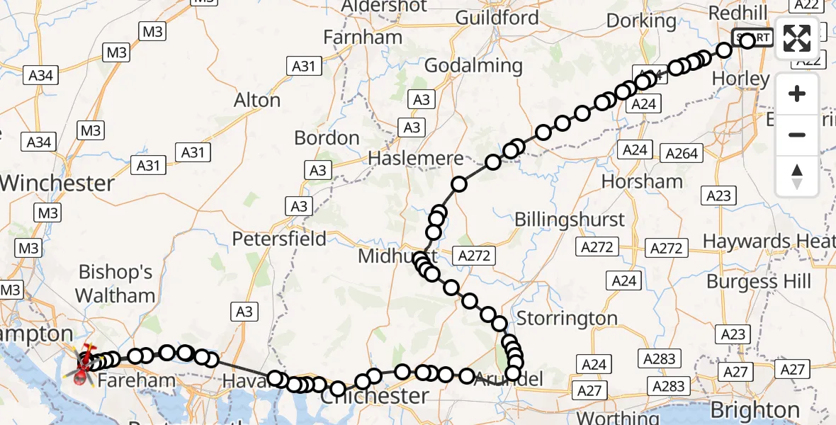 Flight path map showing Air Ambulance Helicopter route from Redhill Aerodrome to Fareham