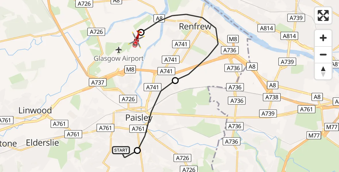 Flight path map showing Air Ambulance Helicopter route from Royal Alexandria Hospital Paisley to Glasgow Airport