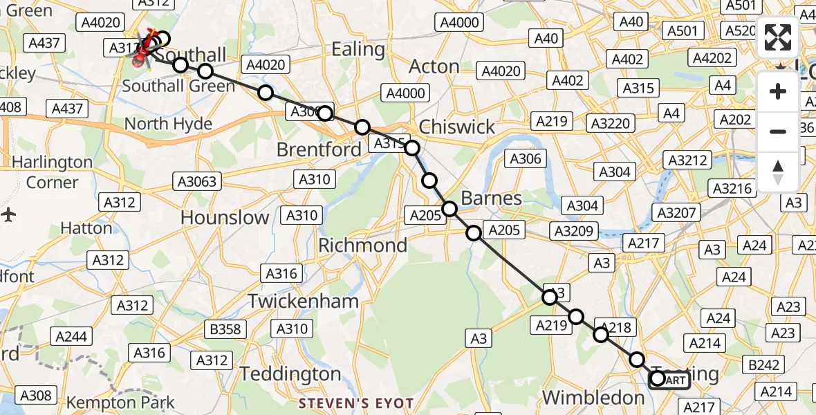 Flight path map showing Air Ambulance Helicopter route from St Georges Hospital to Halfords
