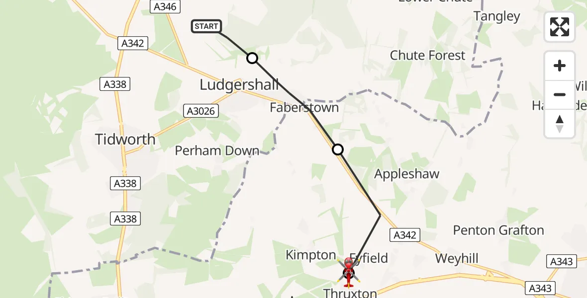 Flight path map showing Air Ambulance Helicopter route from Tidworth to Fyfield