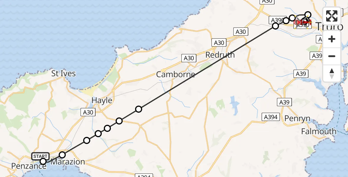 Flight path map showing Air Ambulance Helicopter route from Penzance Heliport to Treliske Hospital