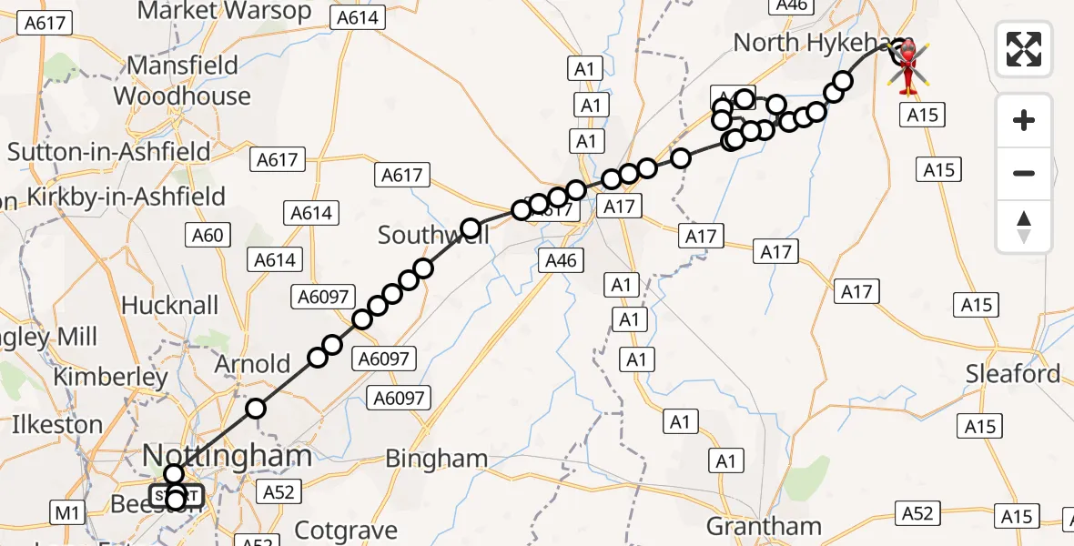 Flight path map showing Air Ambulance Helicopter route from Beeston to North Kesteven