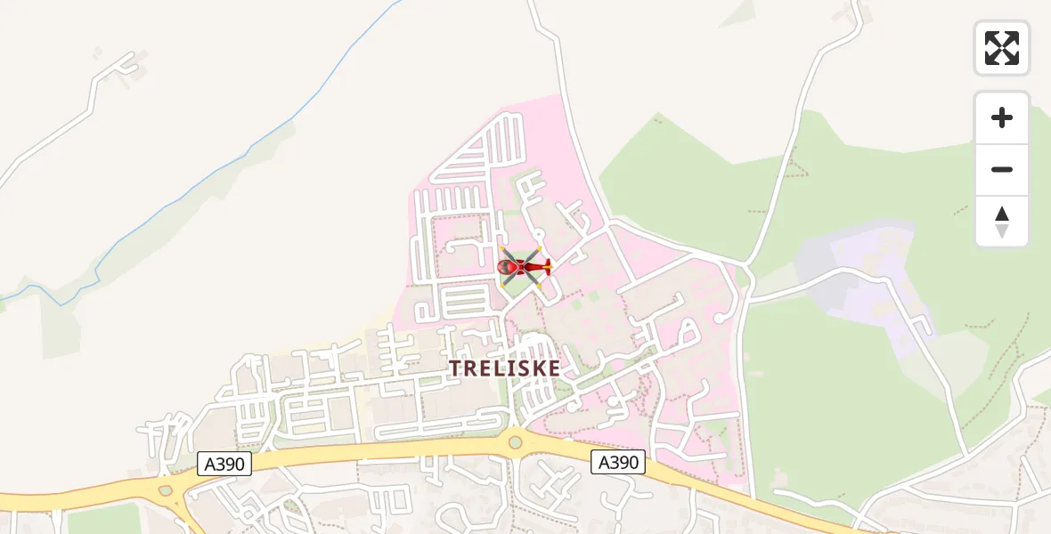 Flight path map showing Air Ambulance Helicopter route from Treliske Hospital to Treliske Hospital