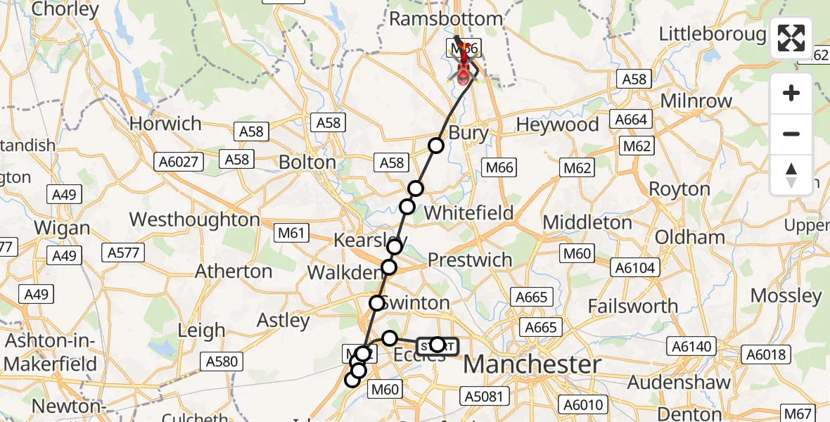 Flight path map showing Air Ambulance Helicopter route from Eccles to Bury