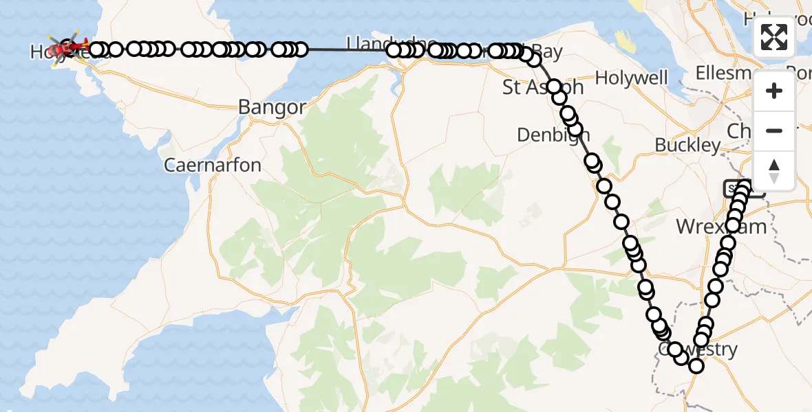 Flight path map showing Air Ambulance Helicopter route from Trevalyn to Holyhead