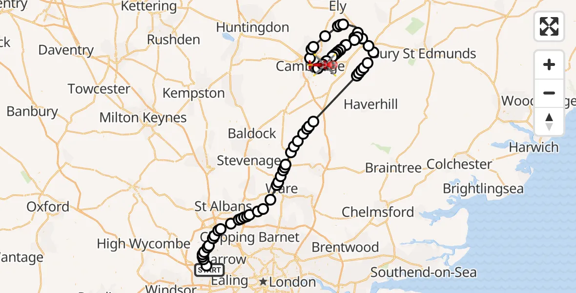 Flight path map showing Air Ambulance Helicopter route from RAF Northolt to Cambridge City Airport