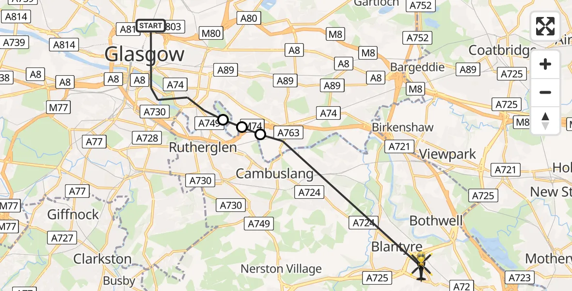 Routekaart van de vlucht: Police Helicopter to Blantyre, Glasgow Road