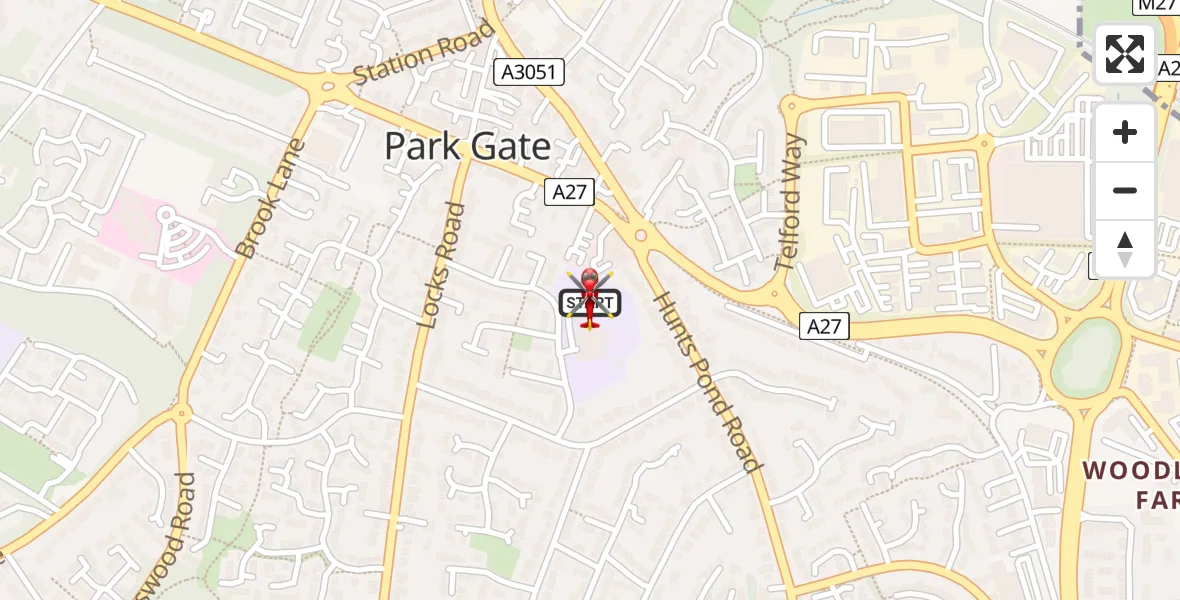 Flight path map showing Air Ambulance Helicopter route from Park Gate to Fareham