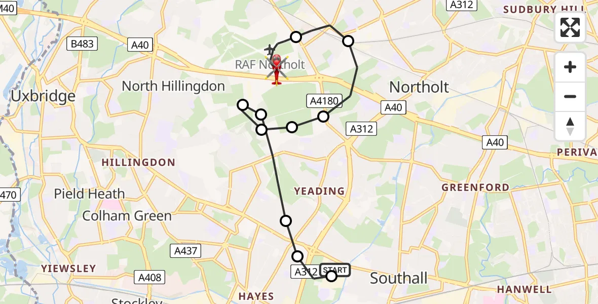 Flight path map showing Air Ambulance Helicopter route from Halfords to RAF Northolt