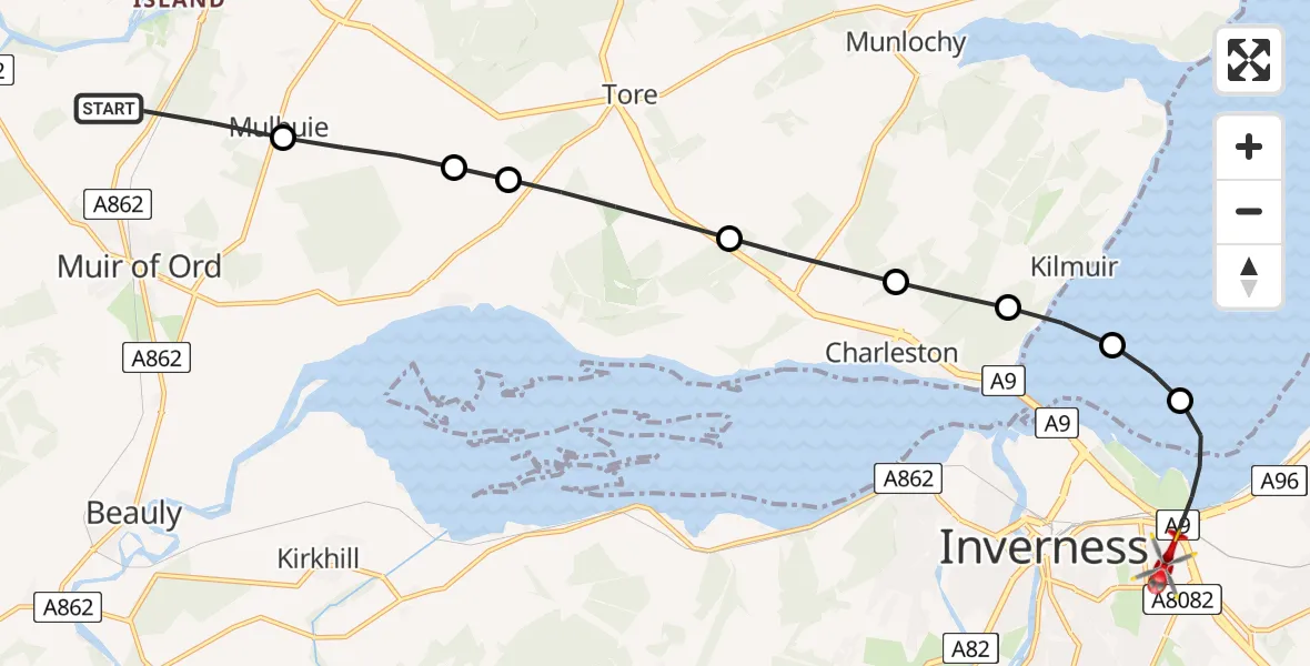 Flight path map showing Air Ambulance Helicopter route from Muir of Ord to Inverness