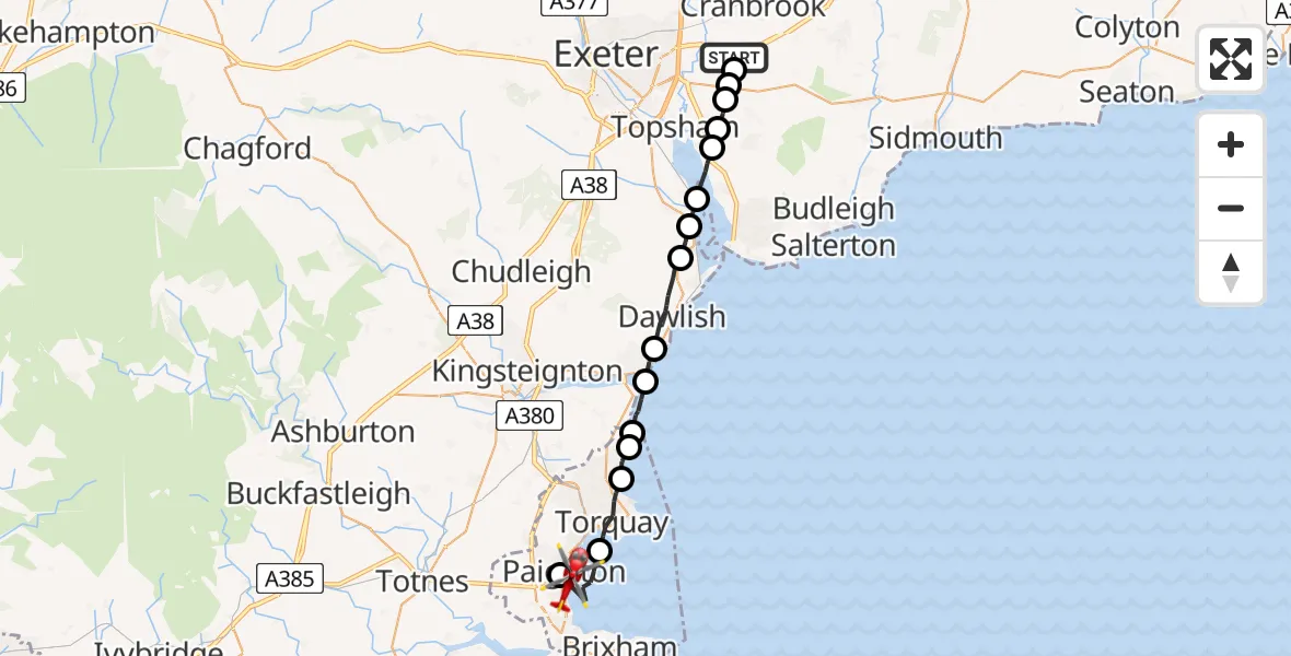 Flight path map showing Air Ambulance Helicopter route from East Devon to Paignton