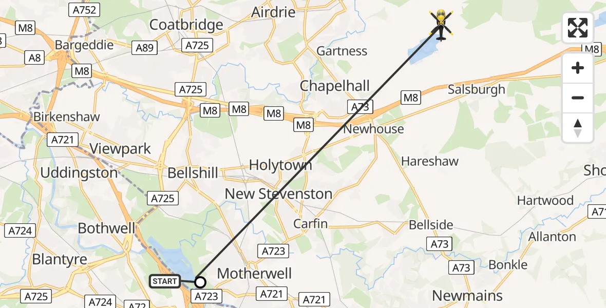 Flight path map showing Police Helicopter route from Hamilton to North Lanarkshire