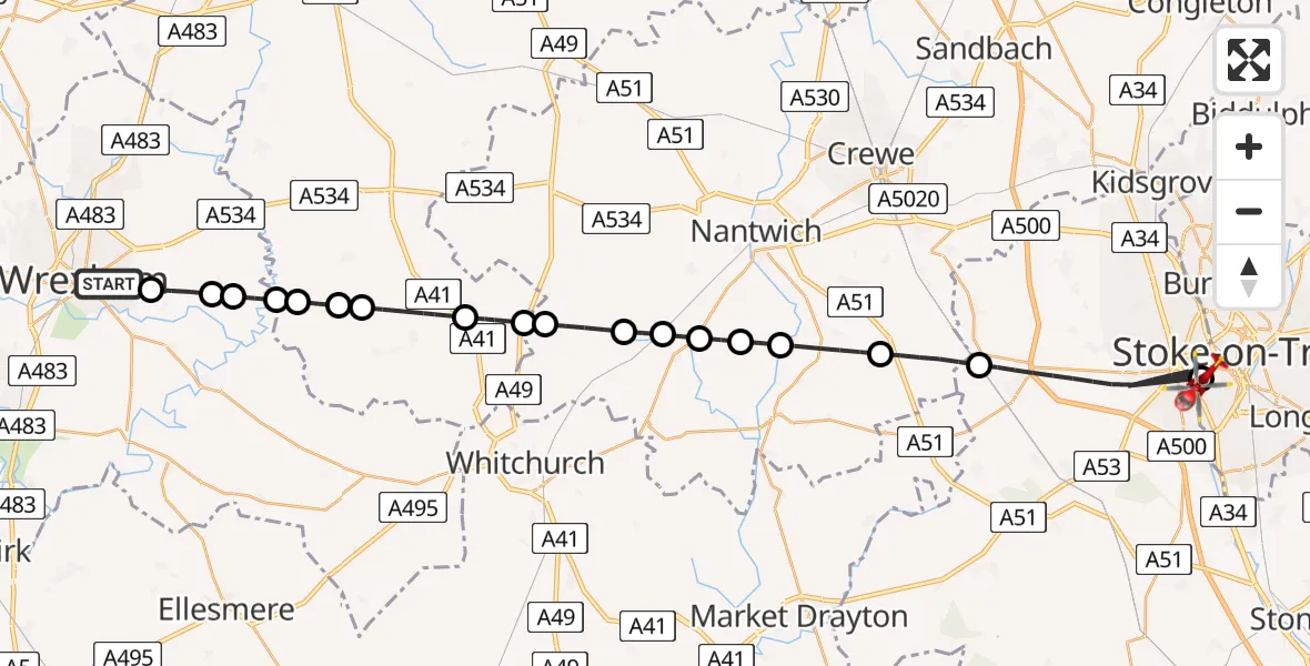 Flight path map showing Air Ambulance Helicopter route from Caia Park to University Hospital North Staffs