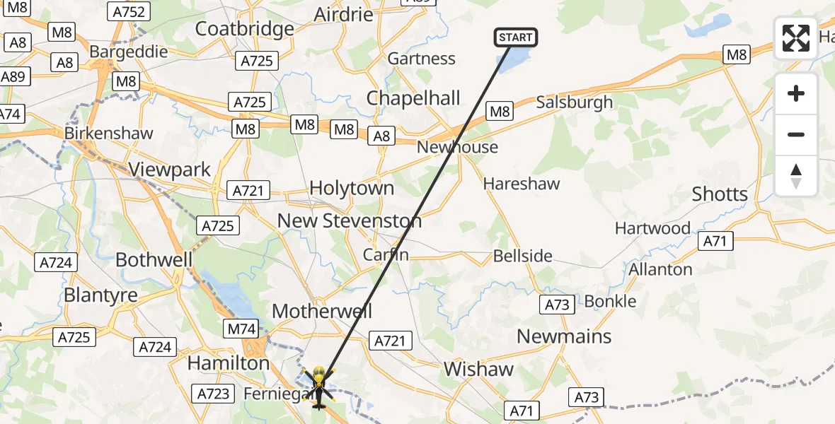 Flight path map showing Police Helicopter route from Chapelhall to Motherwell