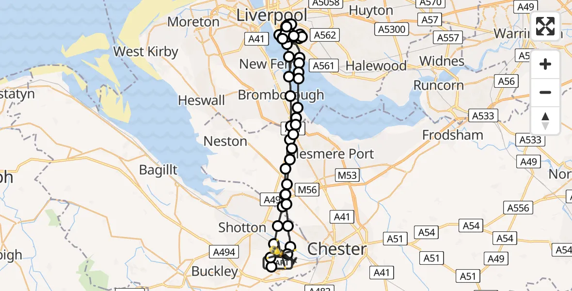 Flight path map showing Police Helicopter route from Hawarden Airport to Hawarden Airport
