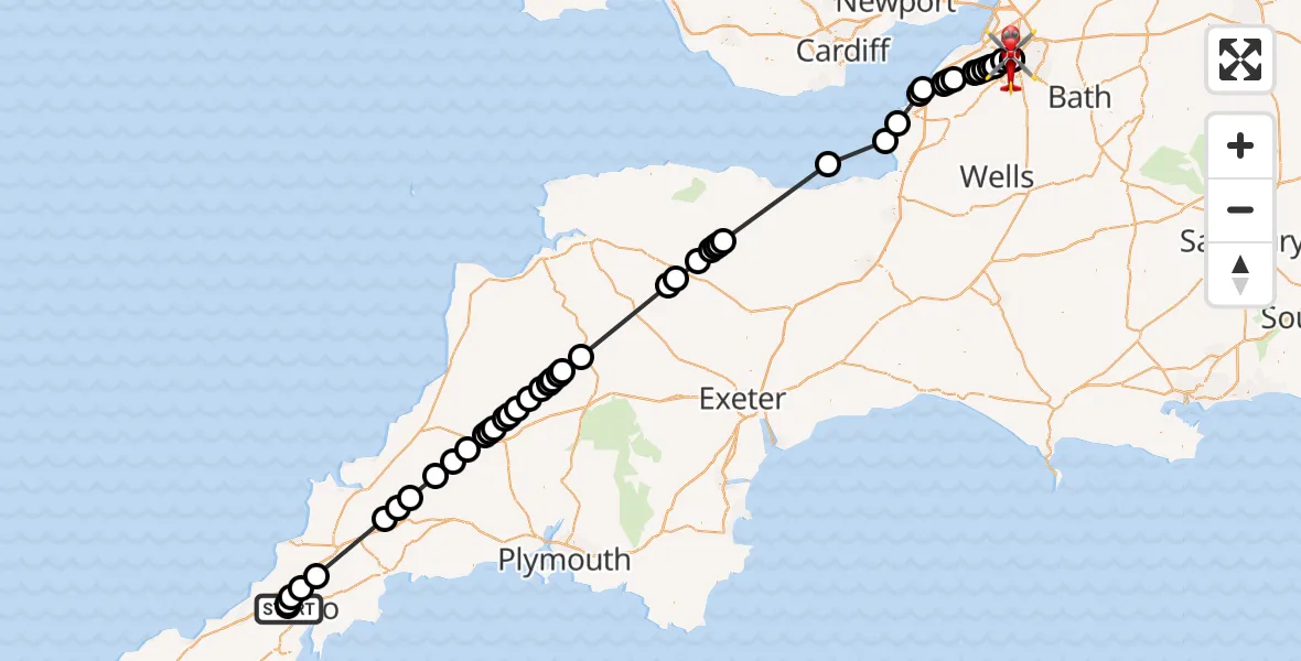 Flight path map showing Air Ambulance Helicopter route from Treliske Hospital to Bristol Royal Infirmary