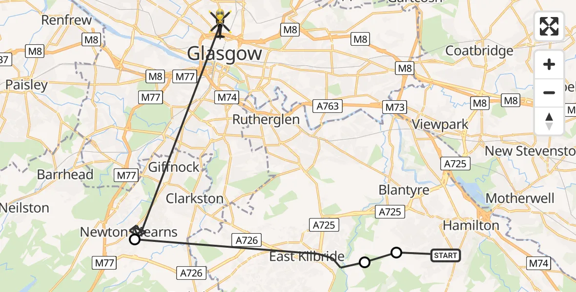 Flight path map showing Police Helicopter route from Hamilton to Glasgow
