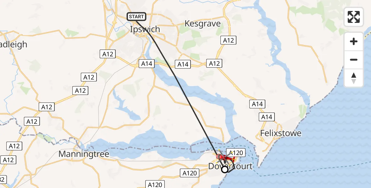 Flight path map showing Air Ambulance Helicopter route from Ipswich to Harwich