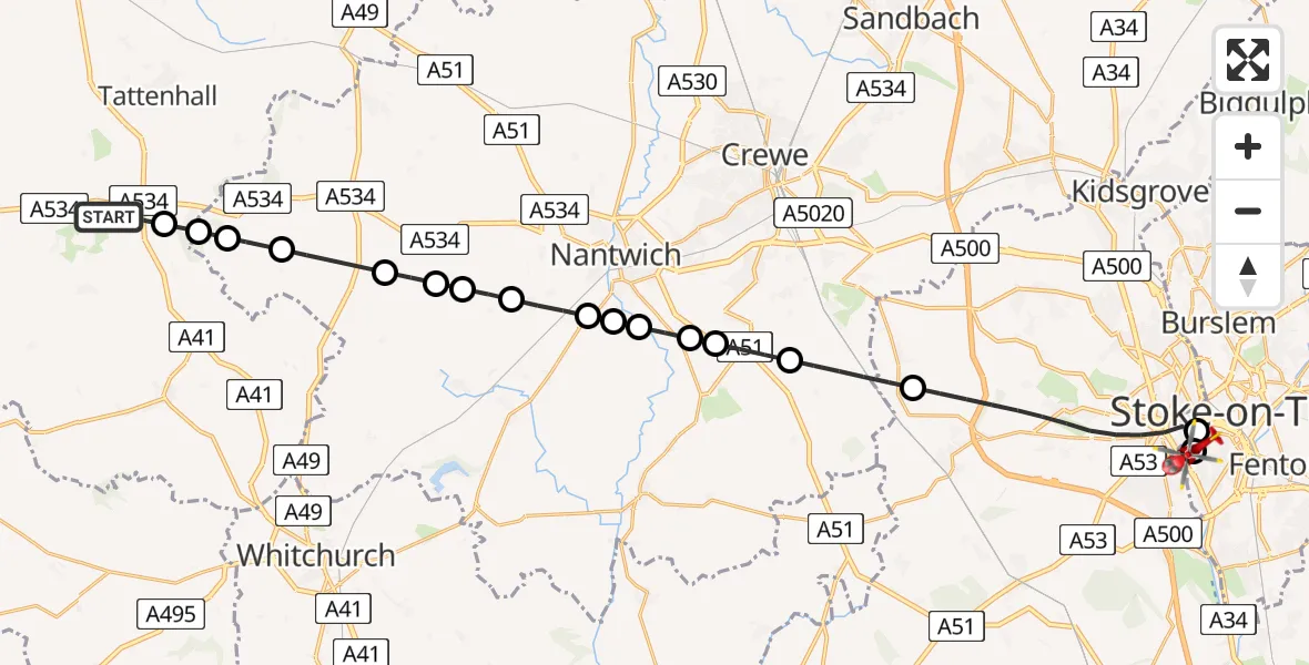 Flight path map showing Air Ambulance Helicopter route from Clutton to University Hospital North Staffs