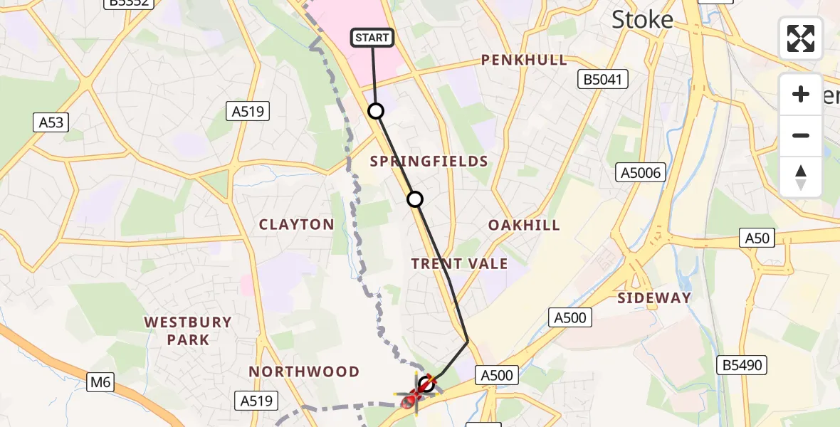 Flight path map showing Air Ambulance Helicopter route from University Hospital North Staffs to Stoke