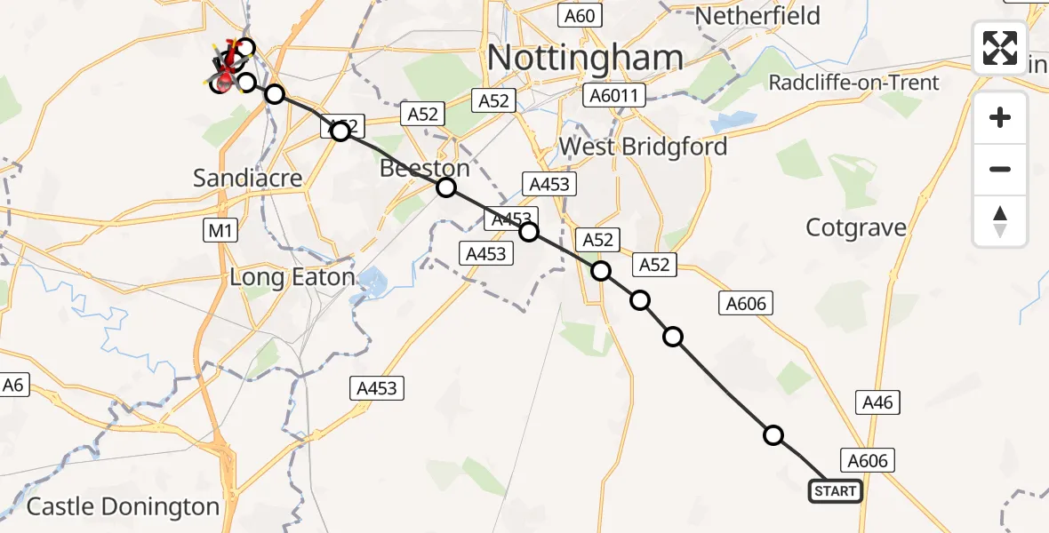 Flight path map showing Air Ambulance Helicopter route from Widmerpool to Stanton by Dale