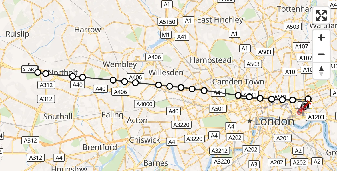 Flight path map showing Air Ambulance Helicopter route from RAF Northolt to Royal London Hospital