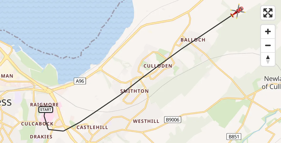 Flight path map showing Air Ambulance Helicopter route from Inverness to Inverness
