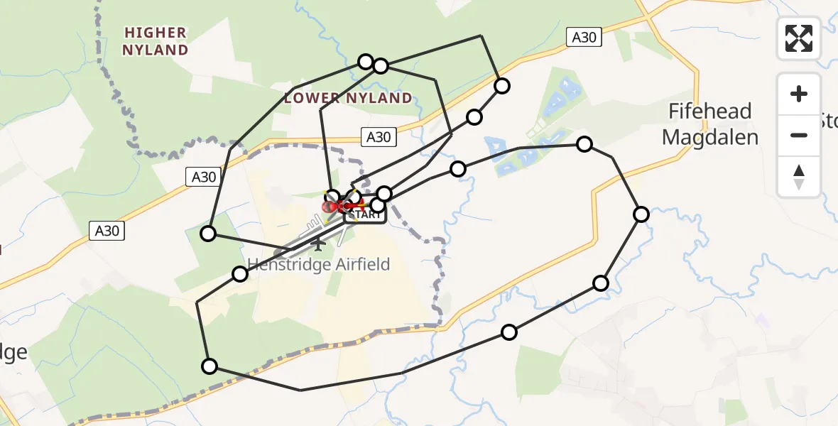 Flight path map showing Air Ambulance Helicopter route from Henstridge Airfield to Henstridge Airfield