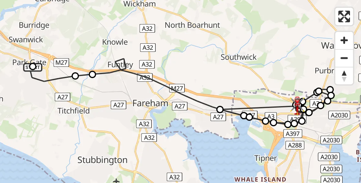 Flight path map showing Air Ambulance Helicopter route from Park Gate to Queen Alexandra Hospital