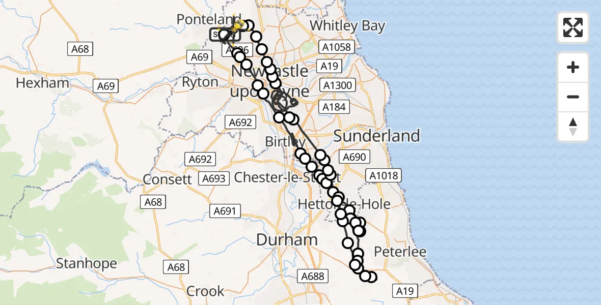 Flight path map showing Police Helicopter route from Newcastle International Airport to Newcastle International Airport