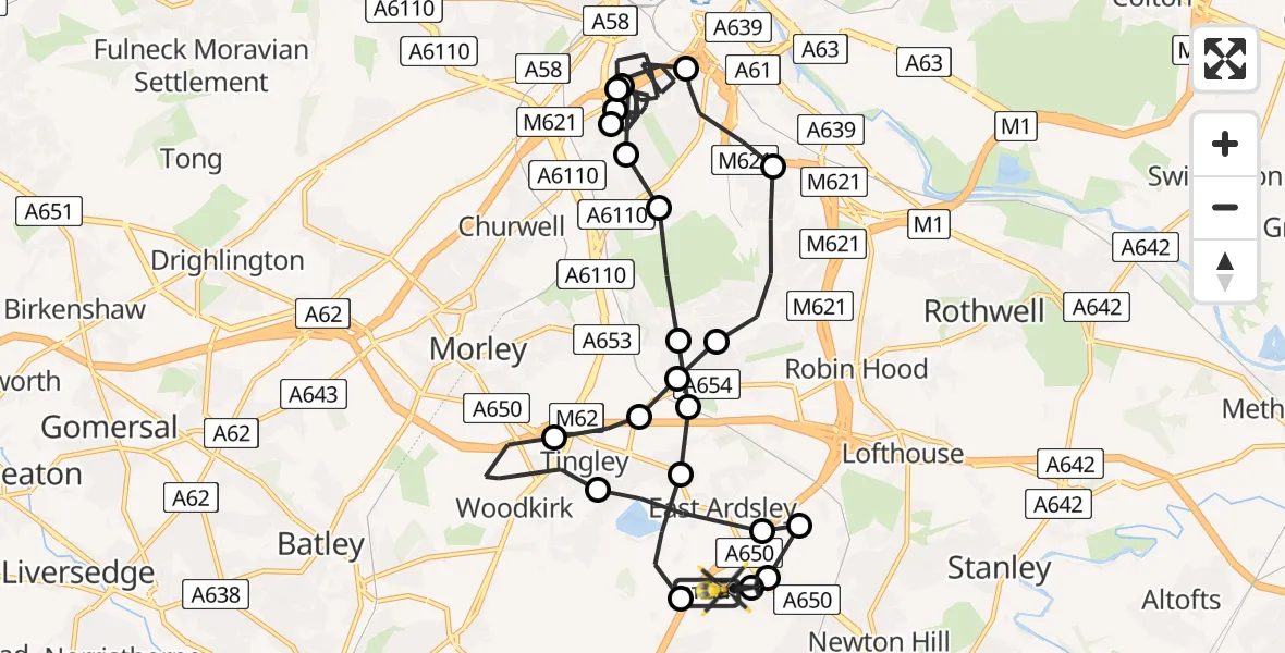 Flight path map showing Police Helicopter route from East Ardsley to East Ardsley