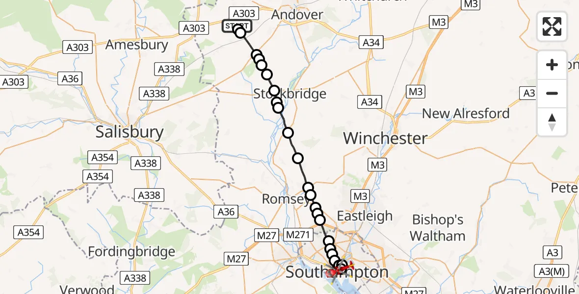 Flight path map showing Air Ambulance Helicopter route from Thruxton to St Mary's