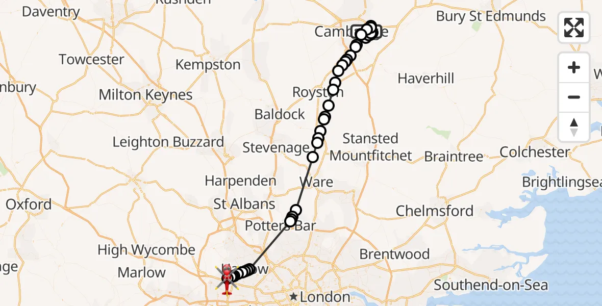 Flight path map showing Air Ambulance Helicopter route from Cambridge City Airport to RAF Northolt