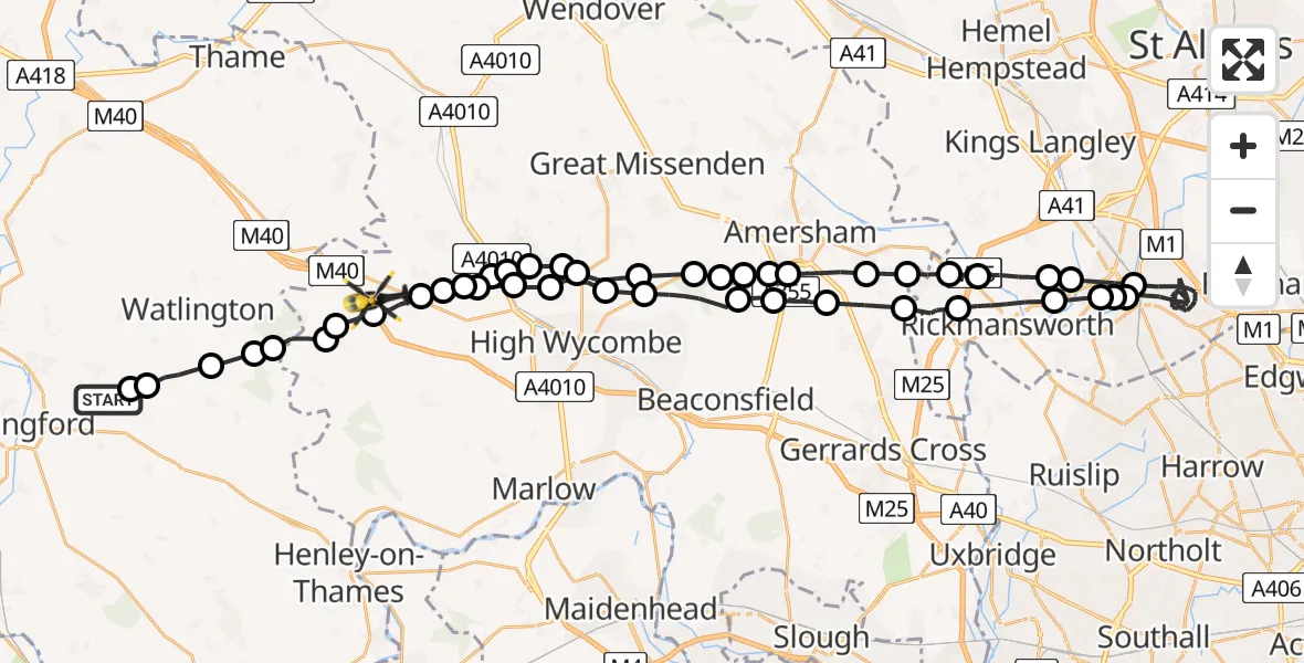 Flight path map showing Police Helicopter route from Benson to Stokenchurch