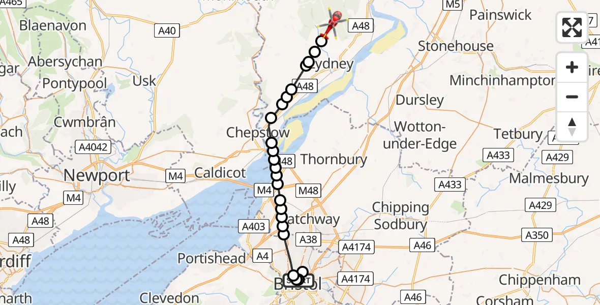Flight path map showing Air Ambulance Helicopter route from Bristol Royal Infirmary to Parkend