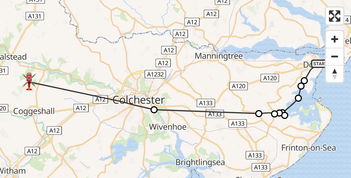 Flight path map showing Air Ambulance Helicopter route from Harwich to Earls Colne Airfield