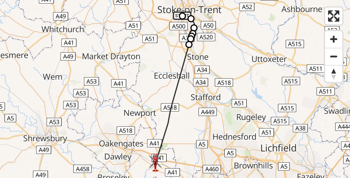 Flight path map showing Air Ambulance Helicopter route from University Hospital North Staffs to Cosford