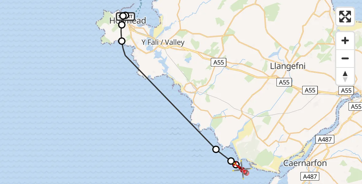 Flight path map showing Air Ambulance Helicopter route from Holyhead to 