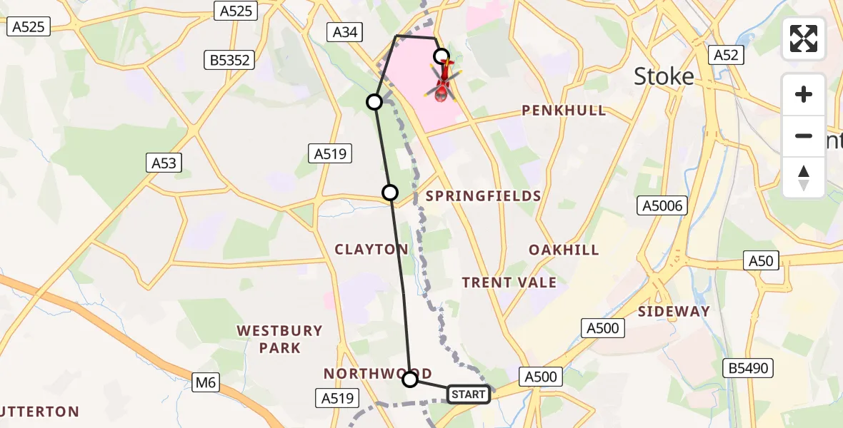 Flight path map showing Air Ambulance Helicopter route from Stoke to University Hospital North Staffs