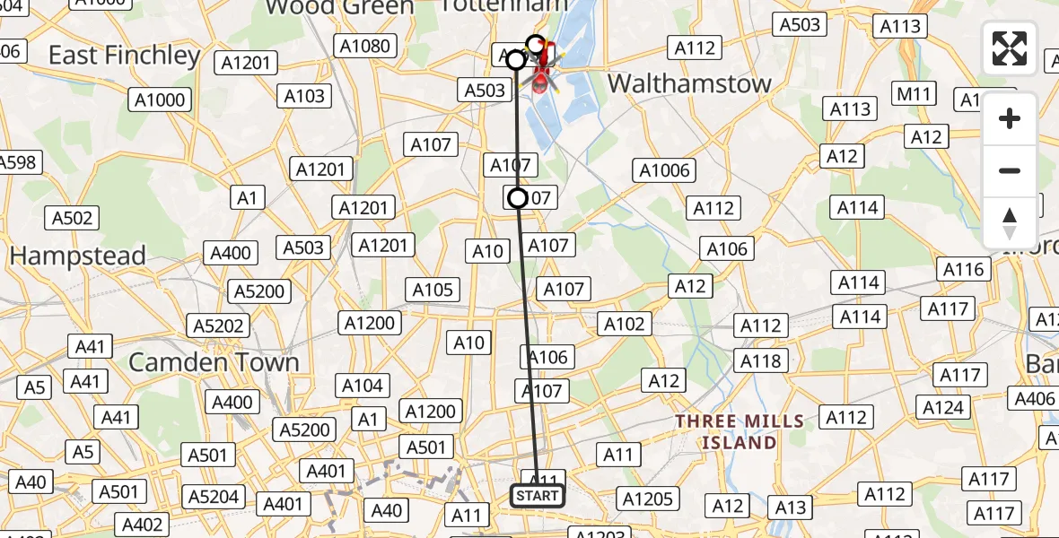 Flight path map showing Air Ambulance Helicopter route from Royal London Hospital to Haringey