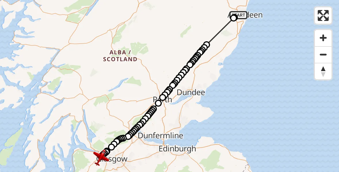 Flight path map showing Air Ambulance Aircraft route from Kingswells to Glasgow Airport
