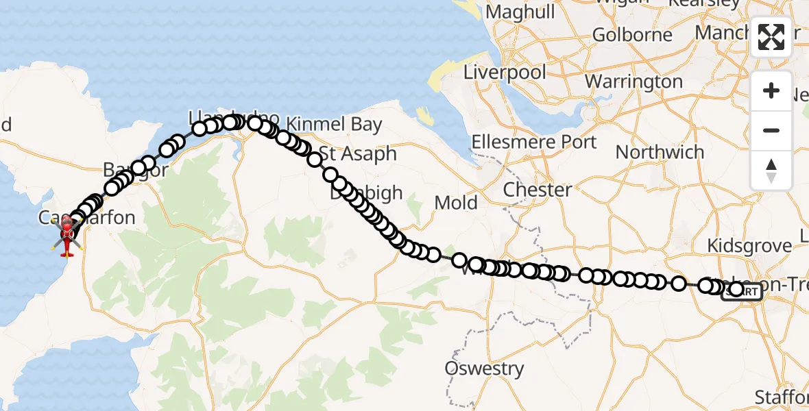 Flight path map showing Air Ambulance Helicopter route from Newcastle-under-Lyme to Caernarfon Airport