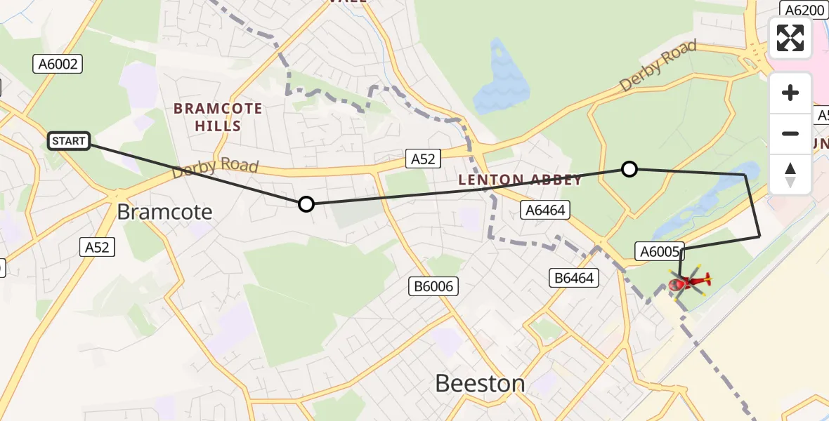 Flight path map showing Air Ambulance Helicopter route from Stapleford to City of Nottingham