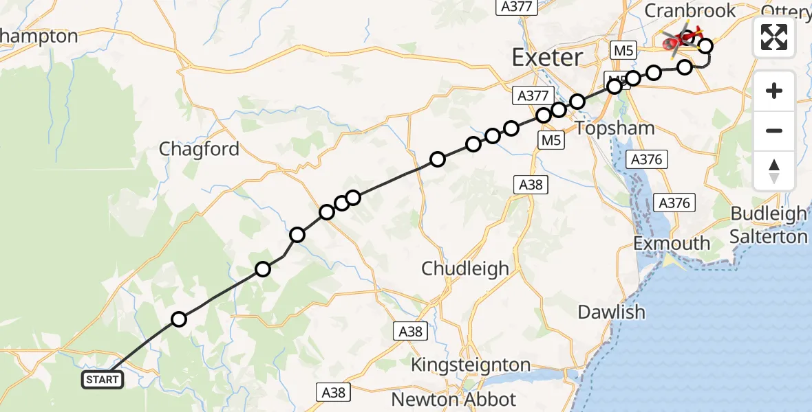 Flight path map showing Air Ambulance Helicopter route from West Devon to Exeter International Airport