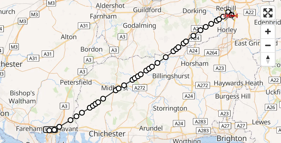 Flight path map showing Air Ambulance Helicopter route from Queen Alexandra Hospital to Redhill Aerodrome