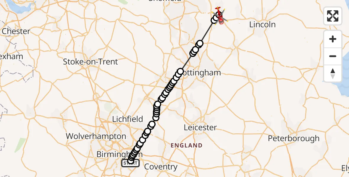 Flight path map showing Air Ambulance Helicopter route from Solihull to Retford Gamston Airport