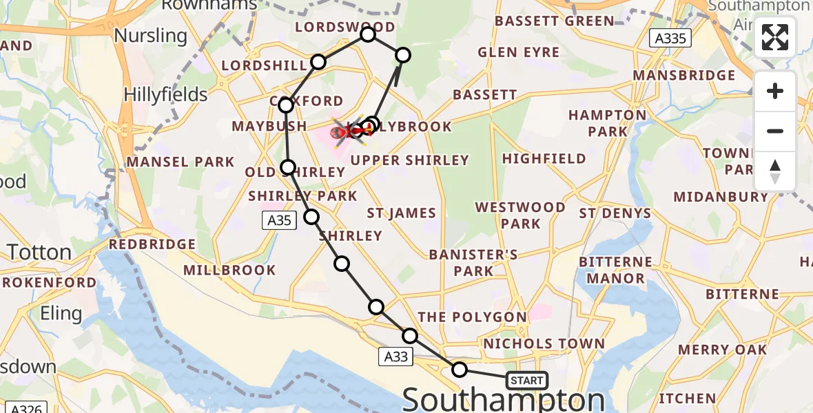 Flight path map showing Air Ambulance Helicopter route from St Mary's to University Hospital Southampton