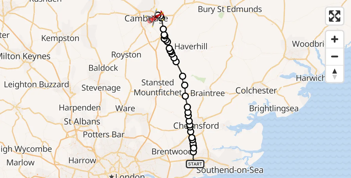 Flight path map showing Air Ambulance Helicopter route from Basildon to Cambridge City Airport
